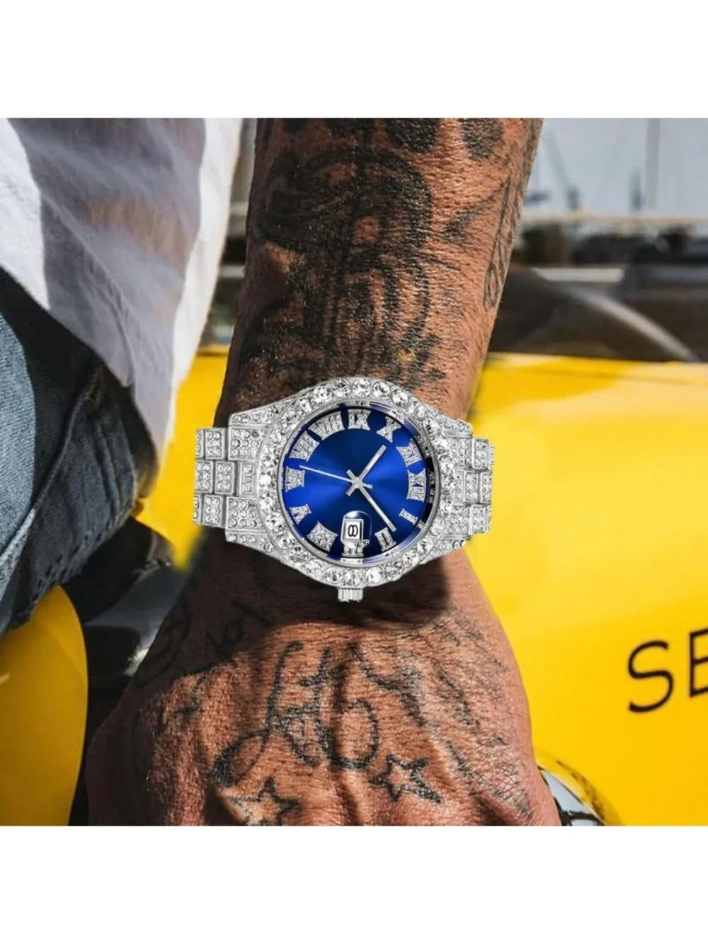 Men's Silver And Blue Analog Crystal Rhinestone Diamond Iced-Out Bracelet Watch